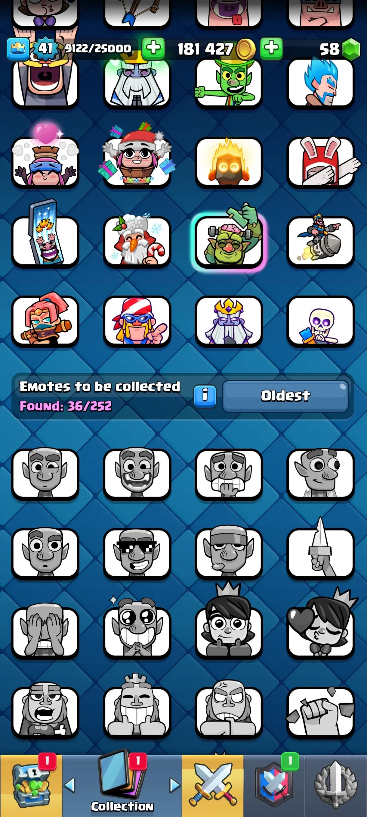 CR677 9244 cups 4 Evolutions 121 cards 58 gems 181427 gold King 41 Arena 23 36 emotes 5 tower skins rich deck