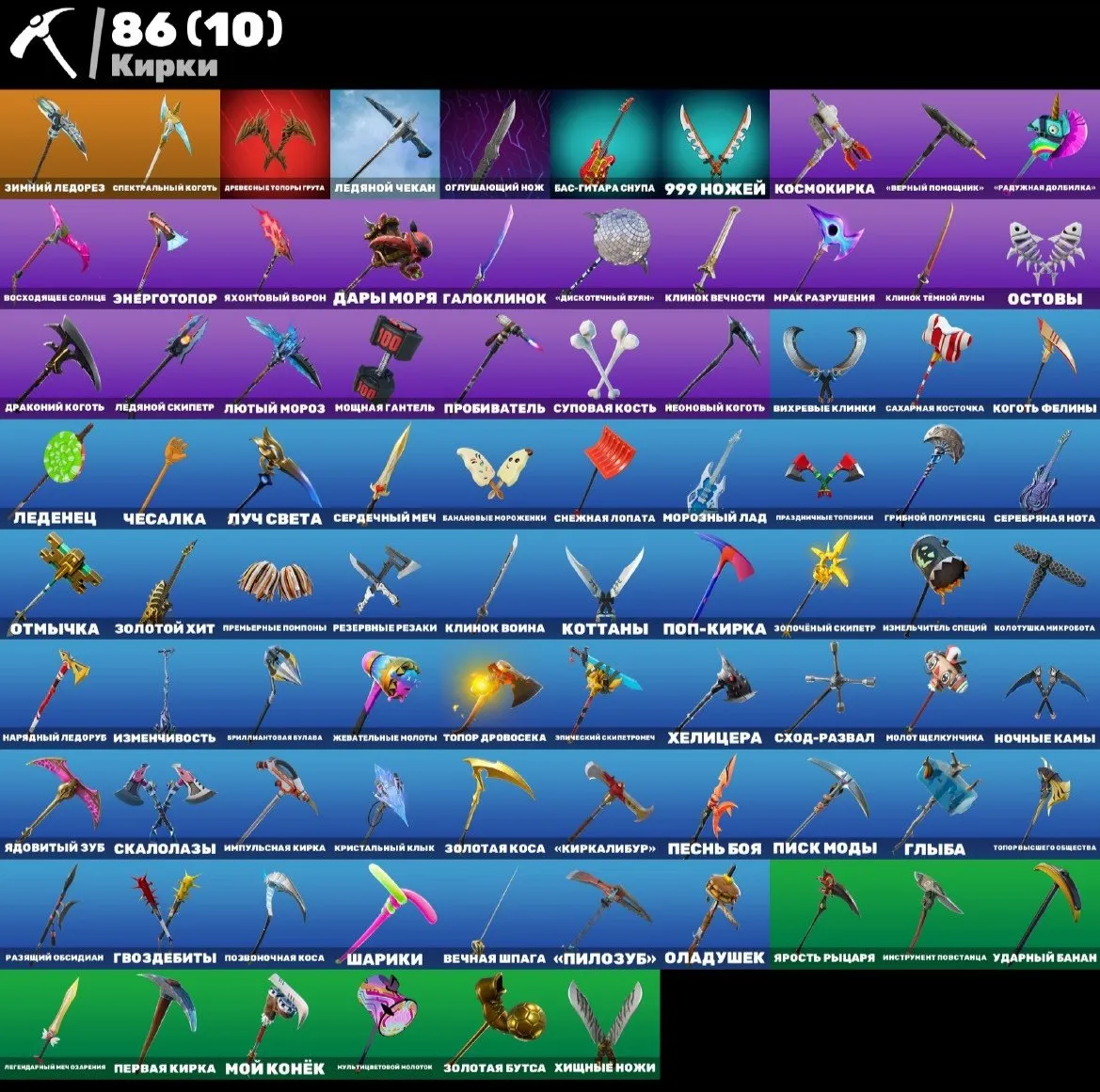F968 85 Skins, Blue Knights, Take the L Emote, Emotion in the Break, Rare Skins, 86 Pickaxes, 120 Emotes (G)
