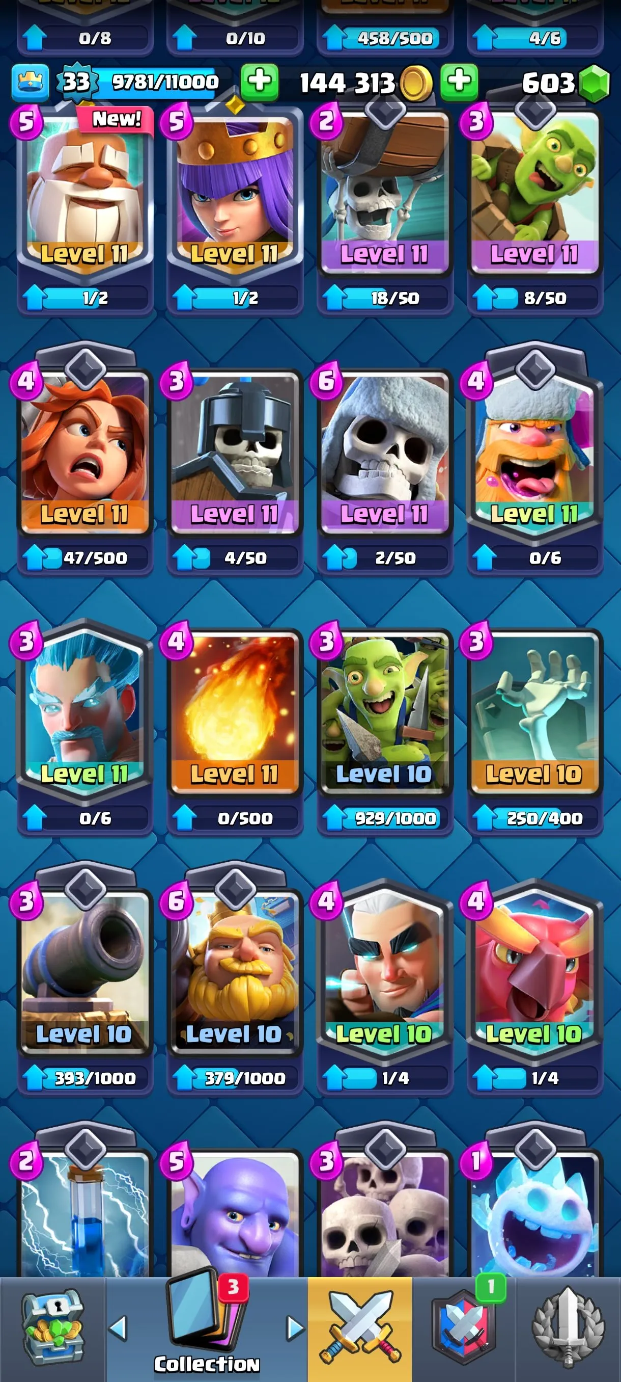 CR669 7557 cups 6 Evolutions 14 Legendary 109 Cards 603 gems 144313 gold King 33 Arena 20 rich collection