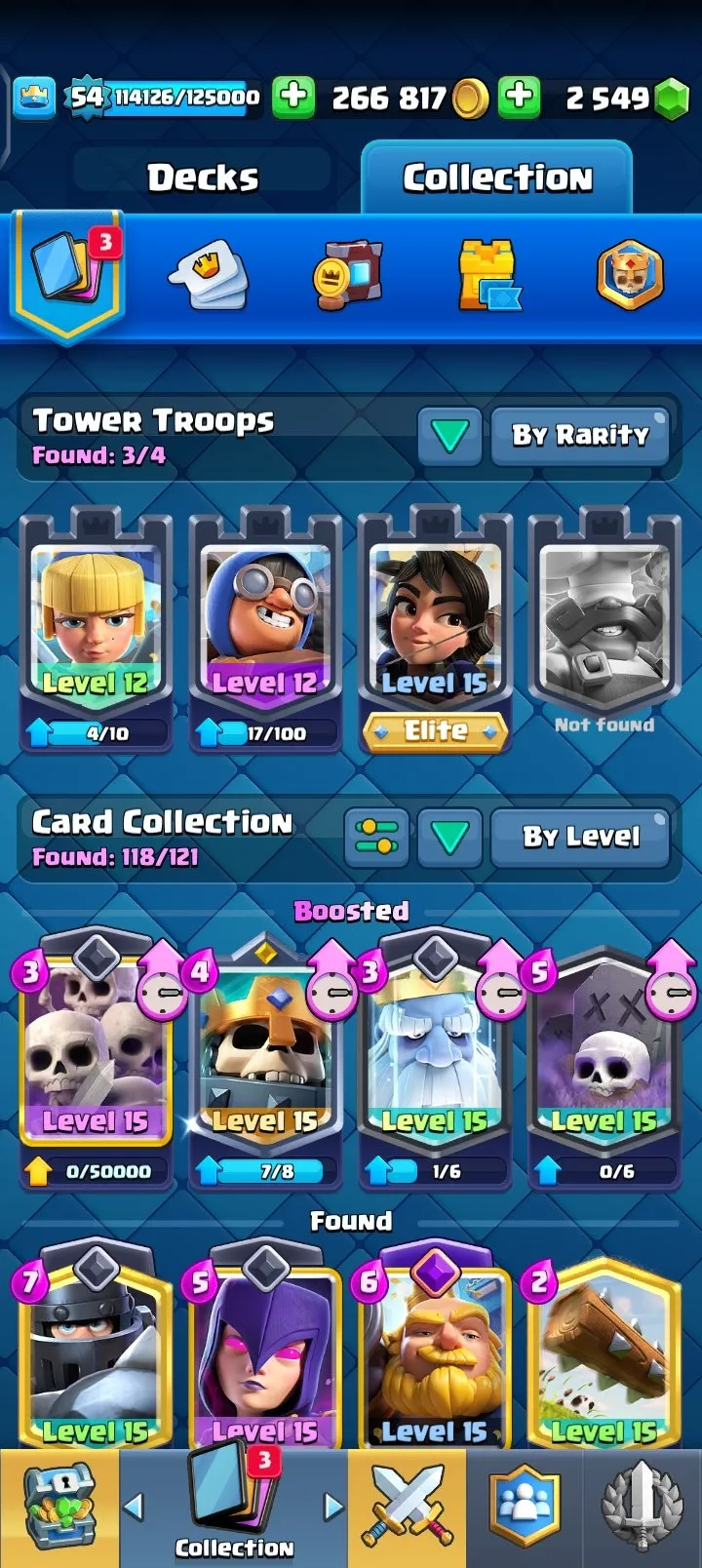 CR548 KT 15 LVL 54 4 Evolutions 6 Elite 36 Max Cards 118/121 Cards 2549 Gems 266k Gold 7680 Trophies Arena 23 Name Change