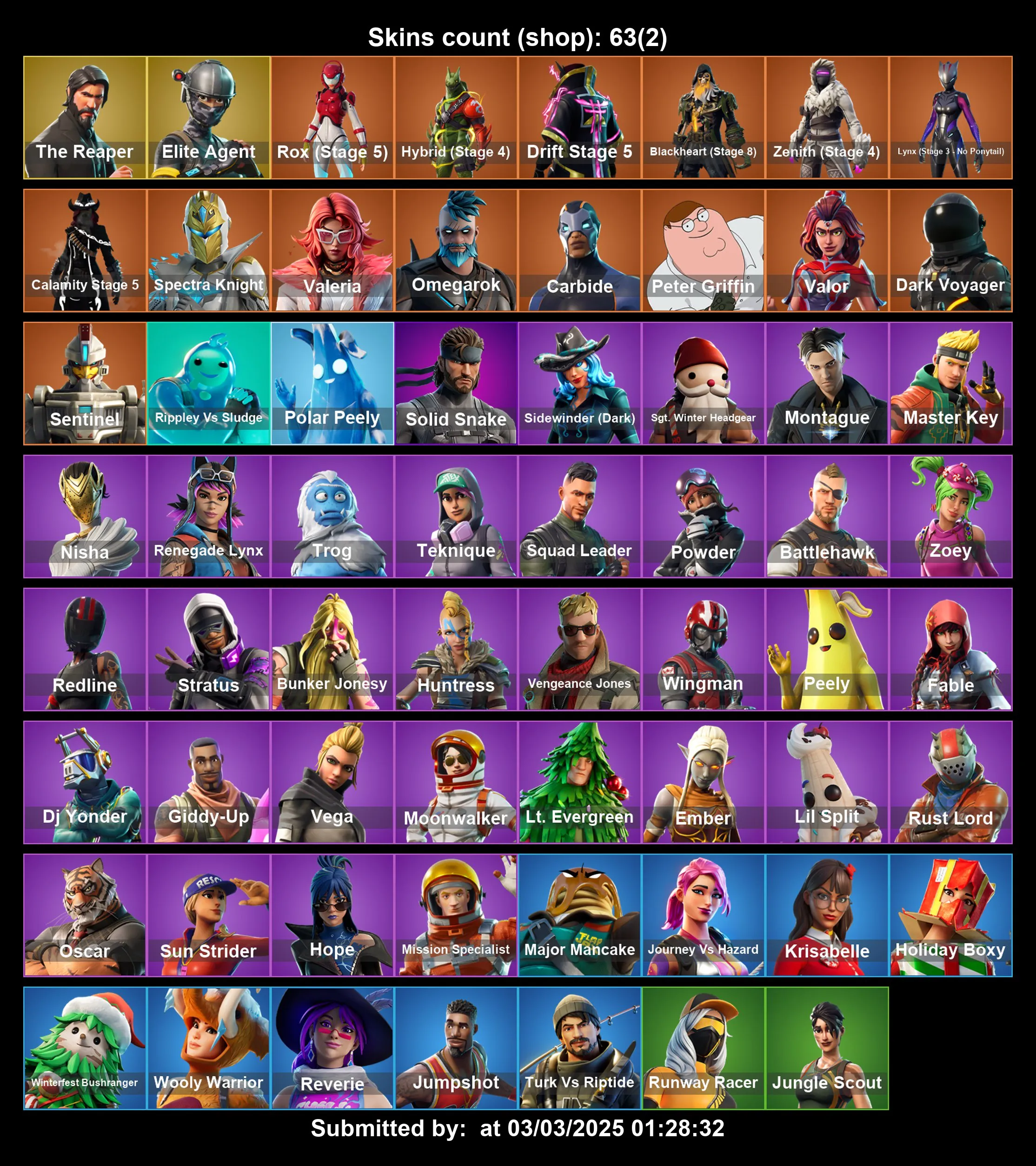 [PC/PS4-5/XBOX] 63 Skins | The Reaper | Elite Agent | Take The L | Mako | Carbide | Orange Justice | Peely | Reverie | Jump Shot | Wing Man | Full Email Access