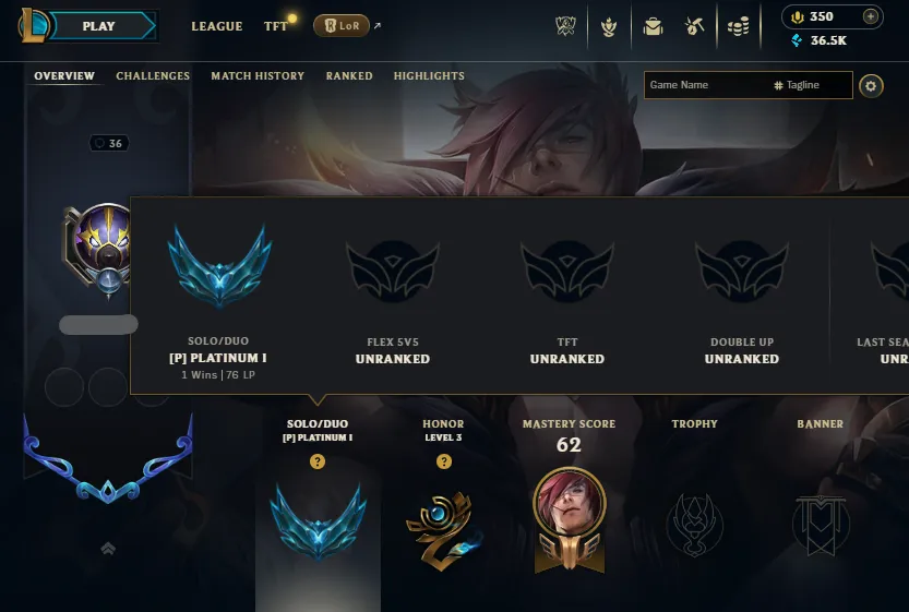 Diamond 4 MMR🔥Platinum 1 76LP (1W/0L) Handleveled💎36K BE 350RP⭐Name Changeable✅Lifetime Ownership Guarantee - Never Taken Back