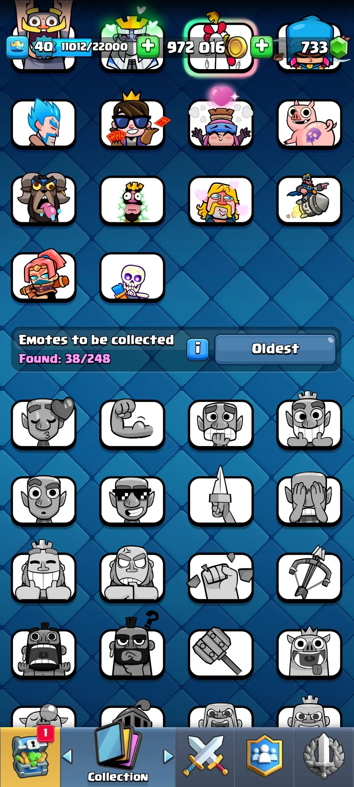 CR676 8035 cups 10 Evolutions 118 cards 733 gems 972016 gold King 40 Arena 21 5 tower skins 38 emotes rich magic