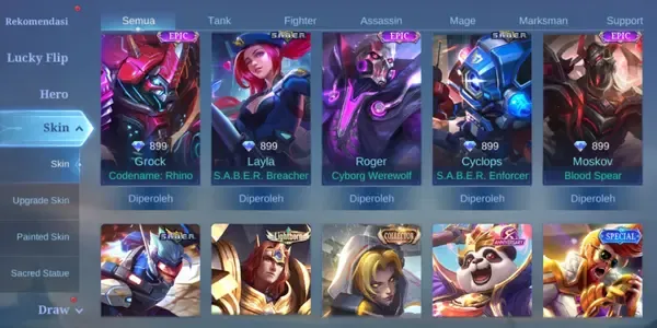 ML585 91 Heroes | 114 Skins | Collector Natalia | KOF Karina | Lightborn Tigreal | Limited Roger | Epic Gusion Grock Ling Layla Moskov Lunox Aldous