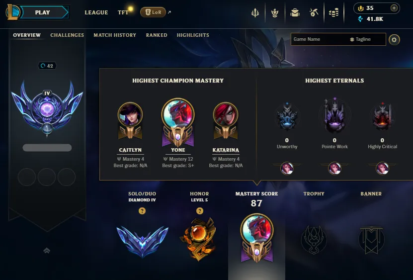 S16🔥[D1 MMR] Diamond 4 67LP Handleveled🚀+30/-10LP Gains💎41K BE 10Skins + LOOT⭐Name Changeable✅Lifetime Ownership Guarantee - Never Taken Back