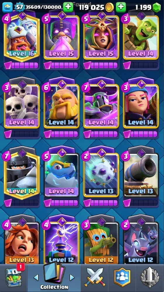 CR714 Level 57 maxed deck 2x level 16 3x level 15 12 evolutions 10k trophies Arena 24 119k gold 1.1k gems all 121 cards unlocked