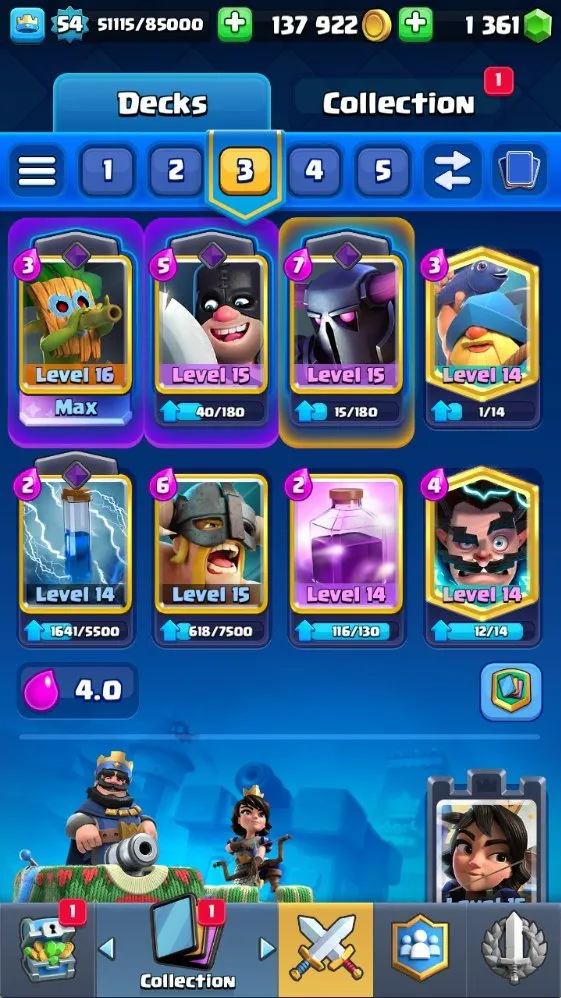 CR719 Level 54 deck with Dart Goblin 1 level 16 4 level 15 1.3k gems 9.4k trophies Arena 24 137k gold 14 emotes 121 cards 19 legendaries