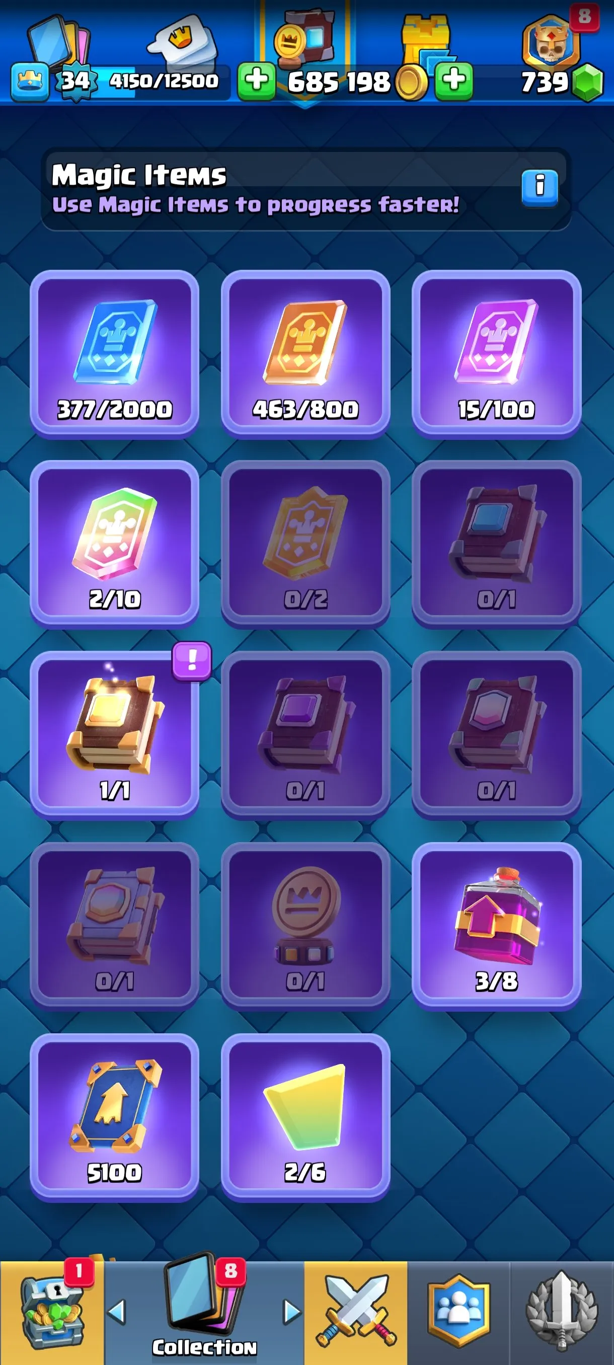 CR671 7581 cups 3 Evolutions 16 Legendary 111 cards 739 gems 685198 gold King 34 Arena 20 rich emotes tower banners