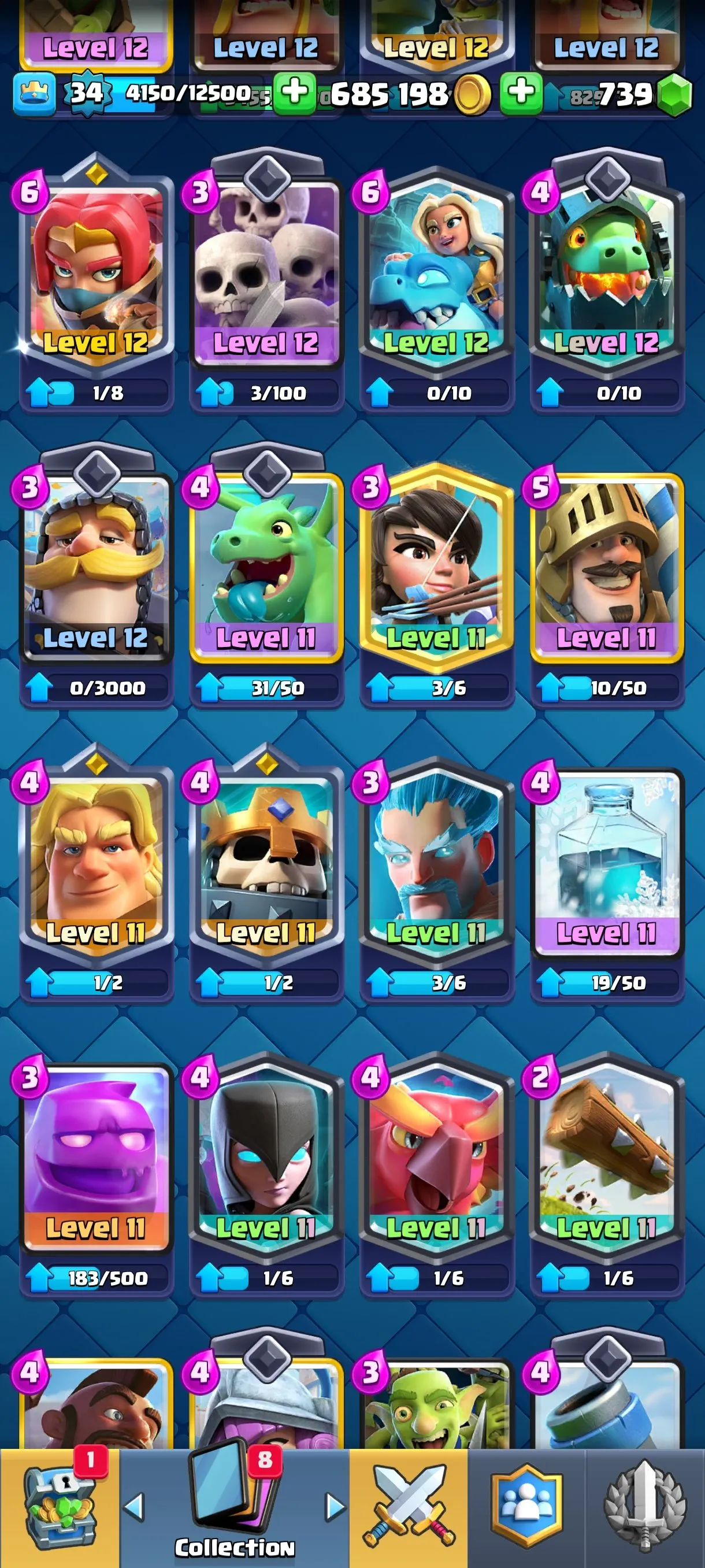 CR671 7581 cups 3 Evolutions 16 Legendary 111 cards 739 gems 685198 gold King 34 Arena 20 rich emotes tower banners