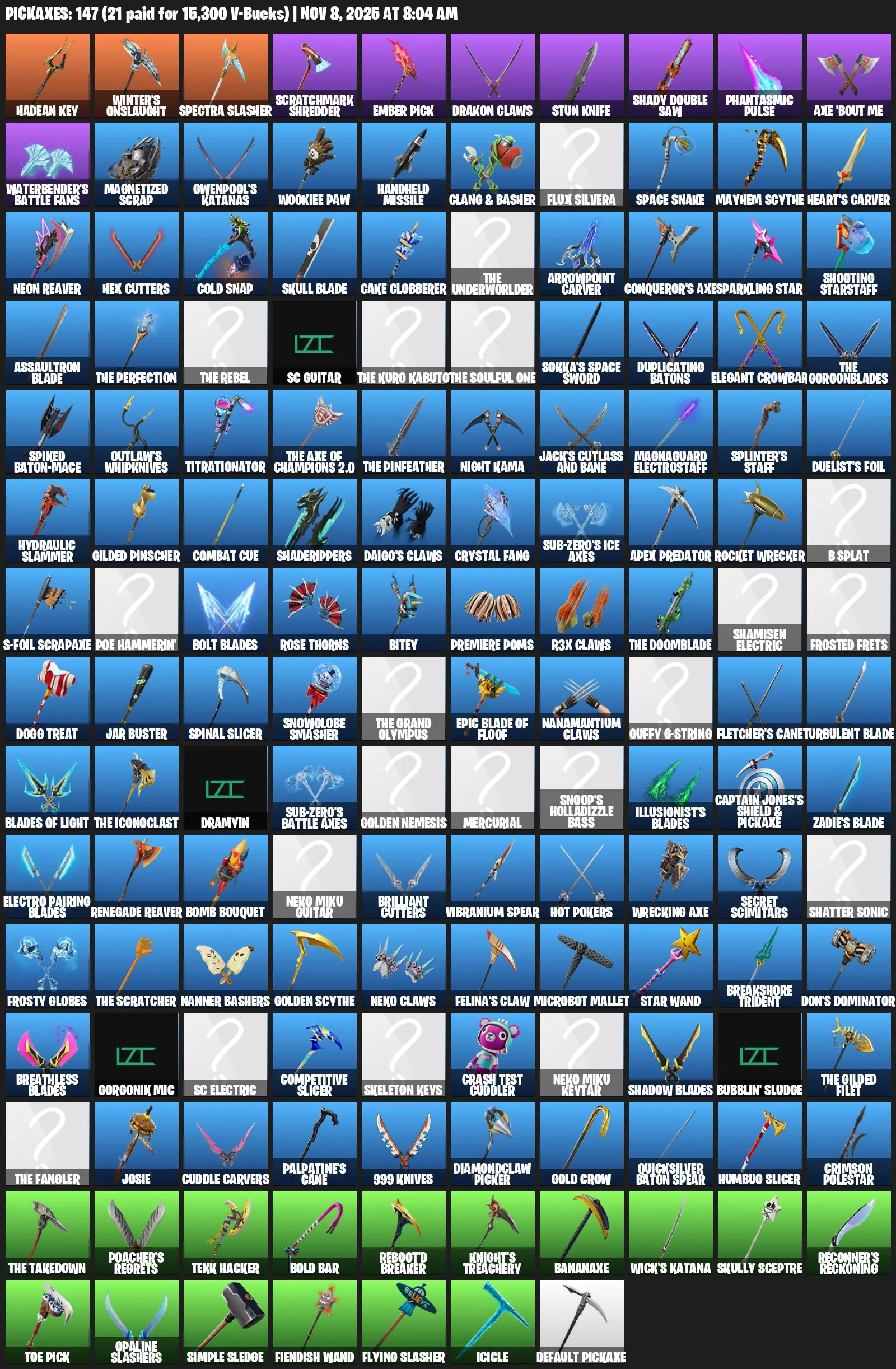 F958 117 Skins, John Wick, Trinity Trooper, Marshall Never More, Star Wand, Leisure Suit, 147 Pickaxes, 136 Emotes, 93 Gliders (G)