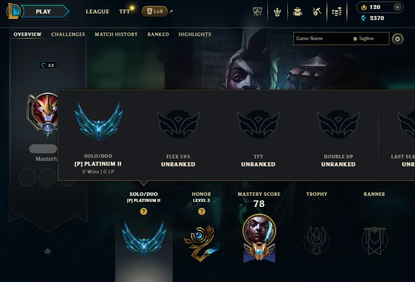 Emerald 1 MMRš„Platinum 2 0W/2L in Placements (Handleveled)āName Changeableā
Recovery Info Included ā Lifetime Ownership Guarantee