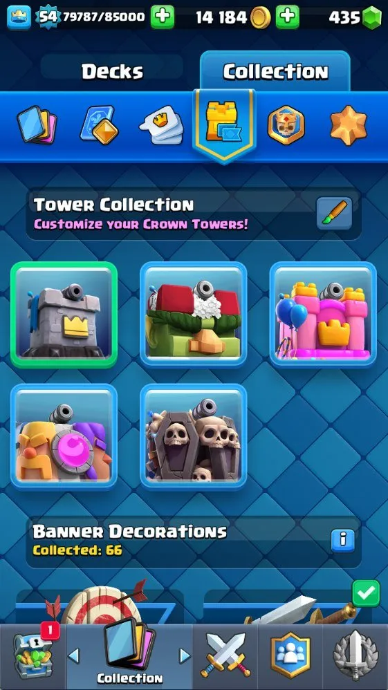 CR575 10k trophies lvl 54 maxed collection 121/121 cards 6 lvl 15 11 lvl 14 19 legendary 10 evolutions 66 emotes tower skins banner decorations