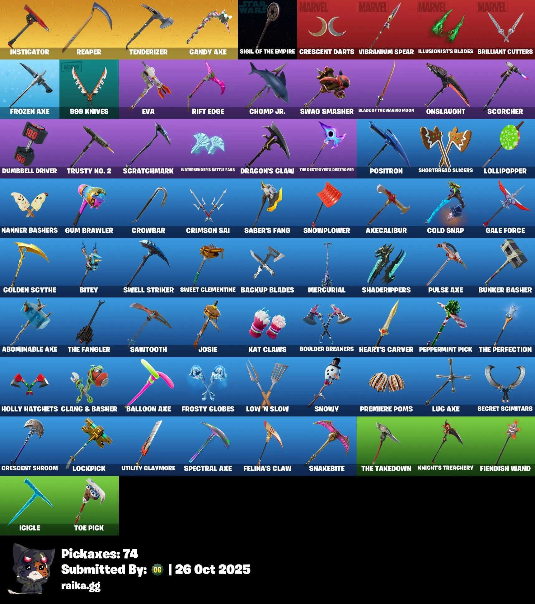 F964 70 Skins, Huntmaster Saber, The Reaper, Blue Squire, Royale Knight, Elite Agent, 74 Pickaxes (G)