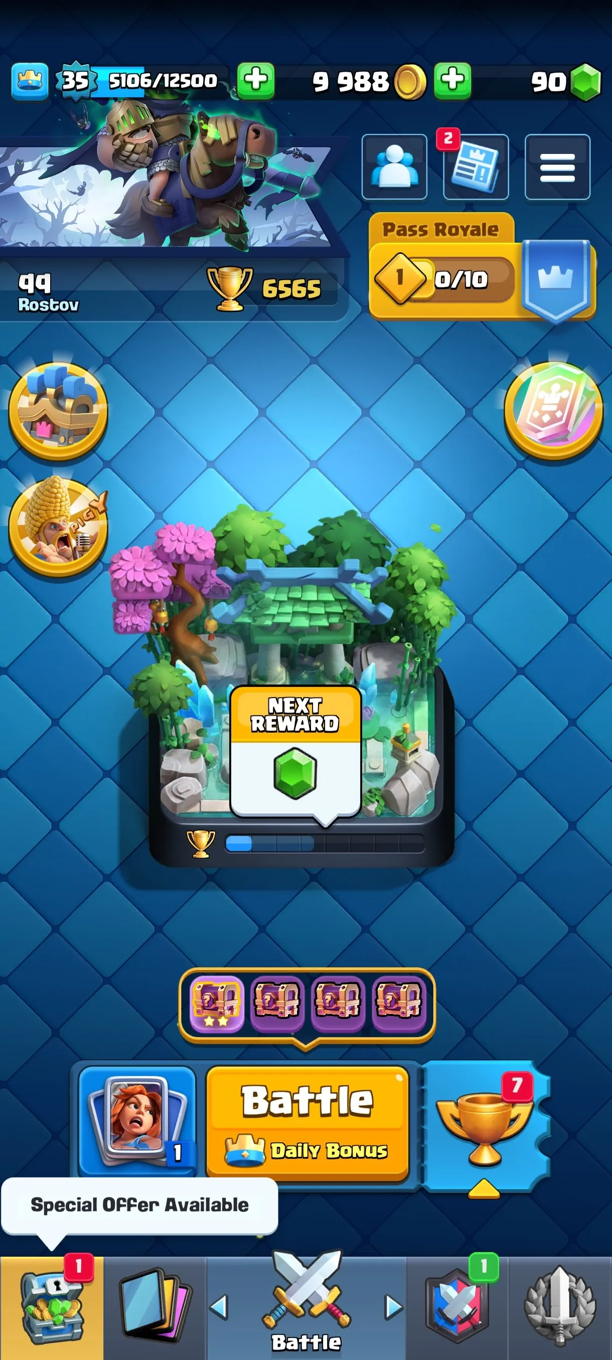 CR674 6565 cups 1 Evolution 115 cards 90 gems 9988 gold King 35 Arena 18 4 tower skins 25 emotes badges collection