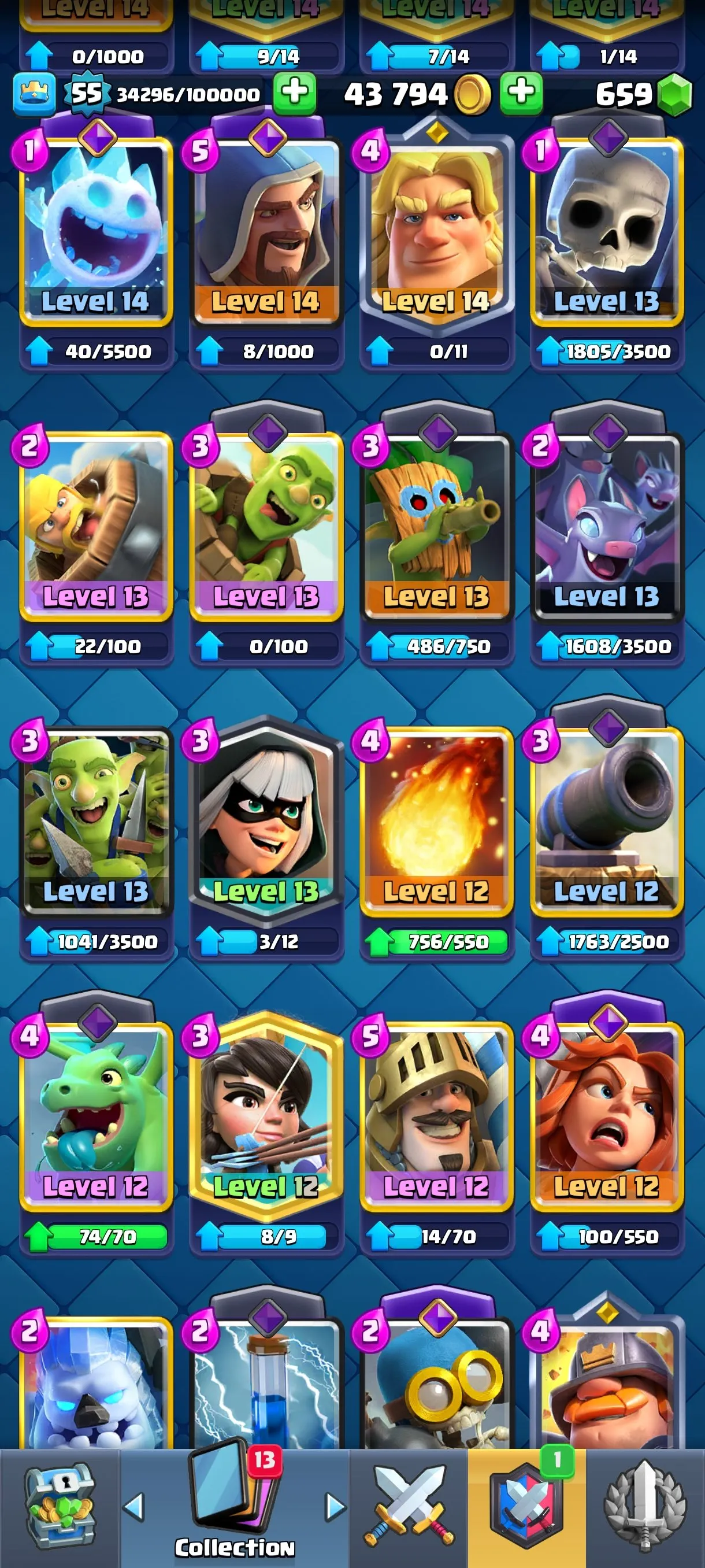 CR681 10000 cups 10 Evolutions 121 cards 659 gems 43794 gold King 55 Arena 25 69 emotes 9 tower skins max balloon mega knight