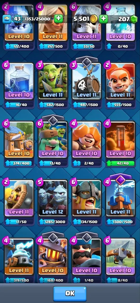 CR515 Max Arena 20 7803 Trophies | Level 43 | 8 Evolutions | 31 Emotes | 120/121 Cards 