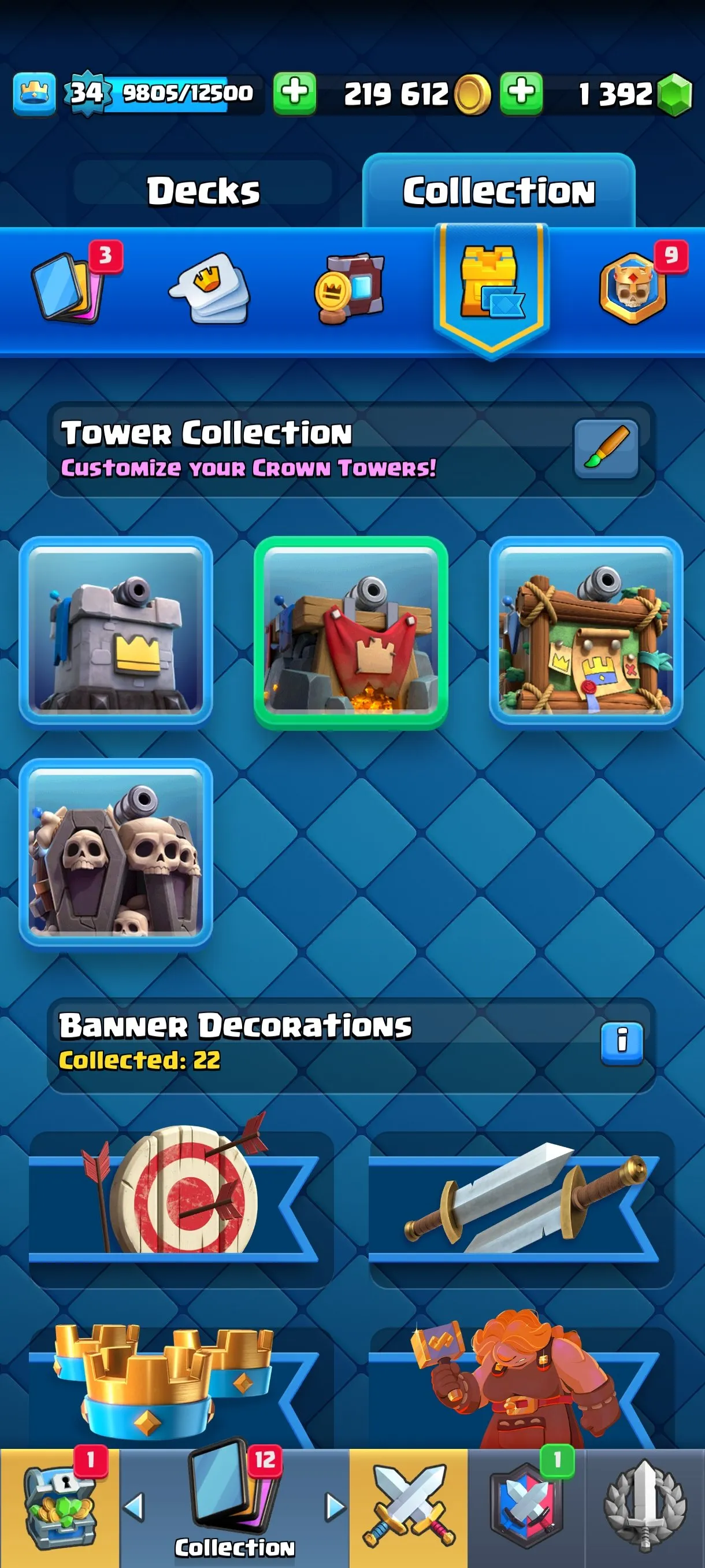 CR672 7632 cups 6 Evolutions 20 Legendary 116 cards 1392 gems 219612 gold King 34 Arena 20 3 tower skins 26 emotes