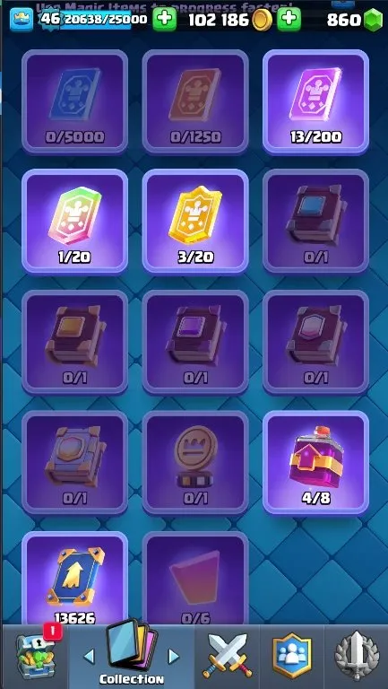 CR611 B625 KT14 lvl 46 MAX 3 13 lvl 4 EVO 8 8938 trophies emo 34 towers 4 860 gems 102k gold cards 118