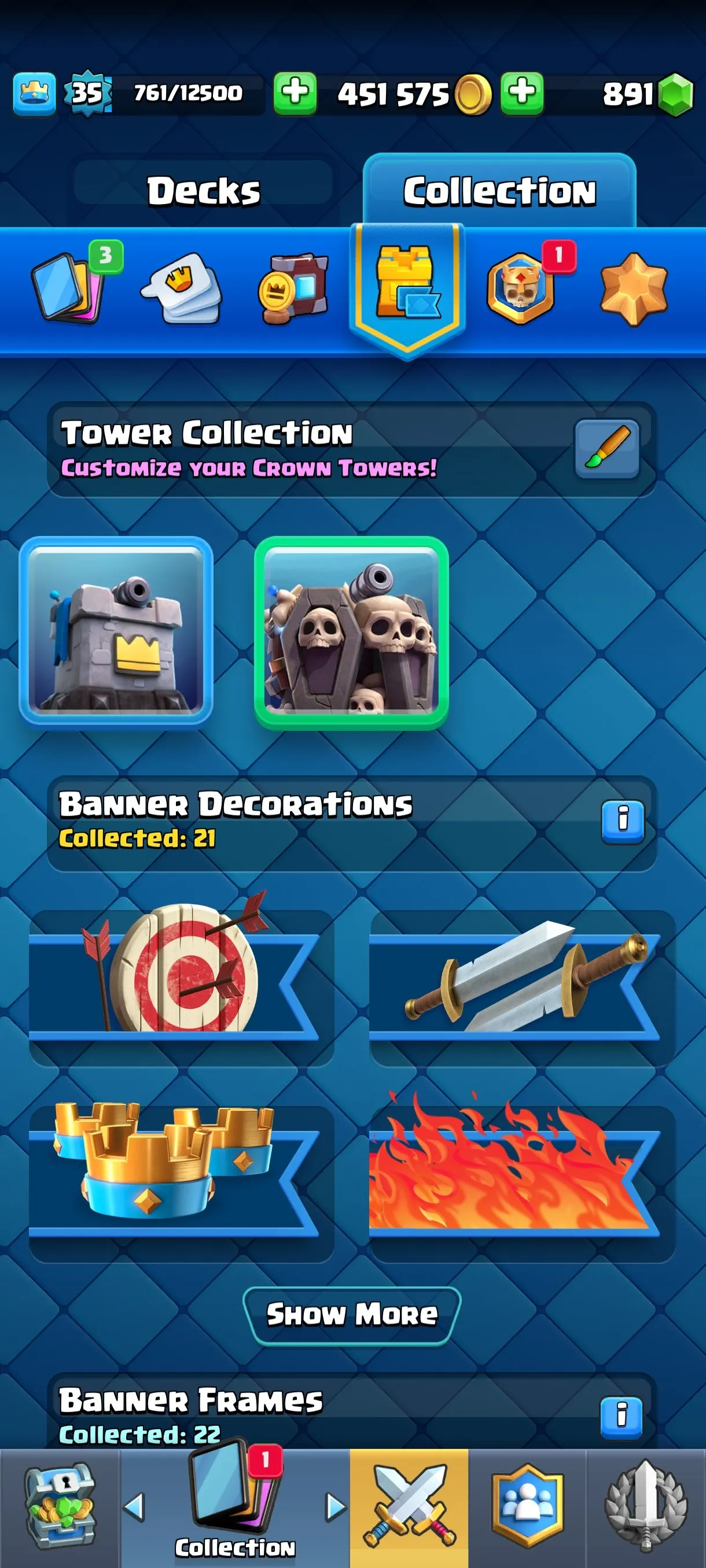 CR670 7518 cups 6 Evolutions 20 Legendary 118 cards 891 gems 451575 gold King 35 Arena 20 tower skins emotes badges