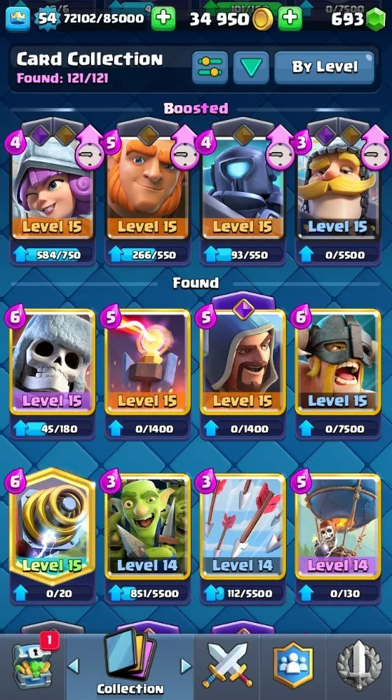 CR574 Maxed 10k trophies lvl 54, arena 24, 121 cards found, 6 lvl 15 deck, 13 lvl 14, 10 evolutions, 46 emotes, 19 legendary, 693 gems, 34k gold