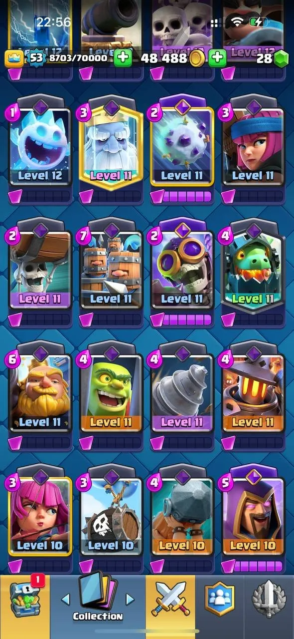 CR628 8.5K Trophies L53 Arena 22 120 Cards 20 Legendaries Valkyrie Deck 1 L16 1 L15 Card 7 Evolutions 49 Emotes 28 Gems 48K Gold