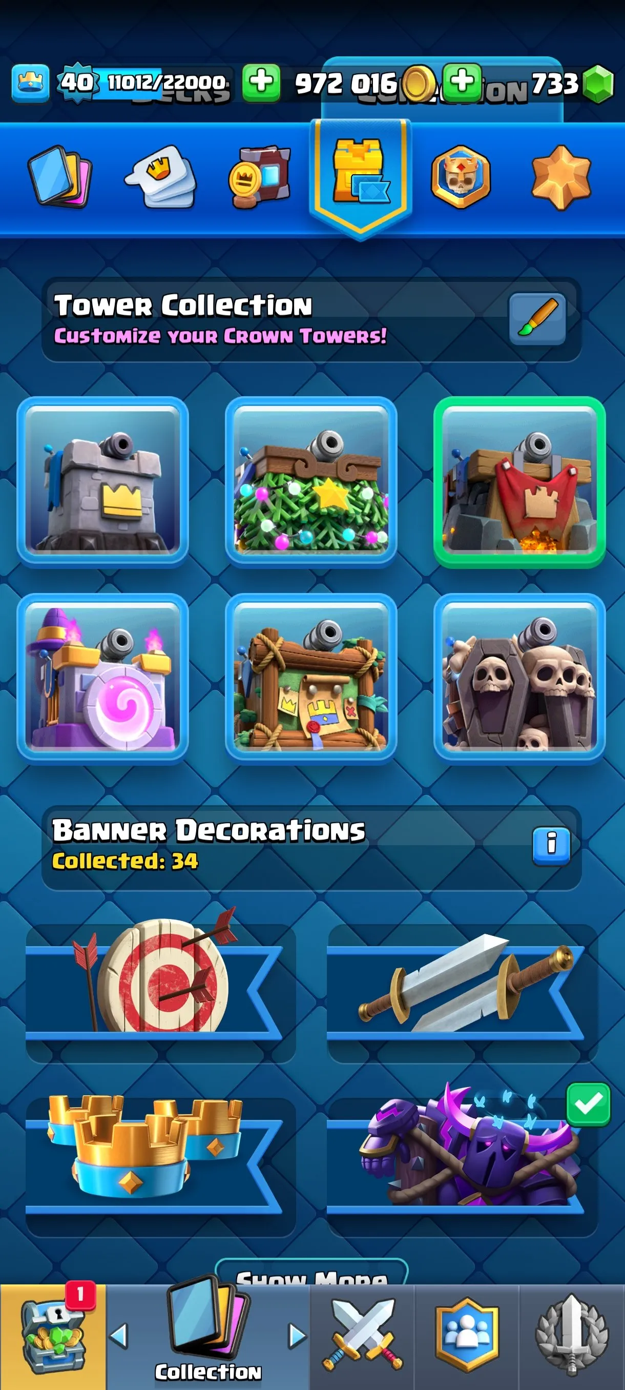 CR676 8035 cups 10 Evolutions 118 cards 733 gems 972016 gold King 40 Arena 21 5 tower skins 38 emotes rich magic