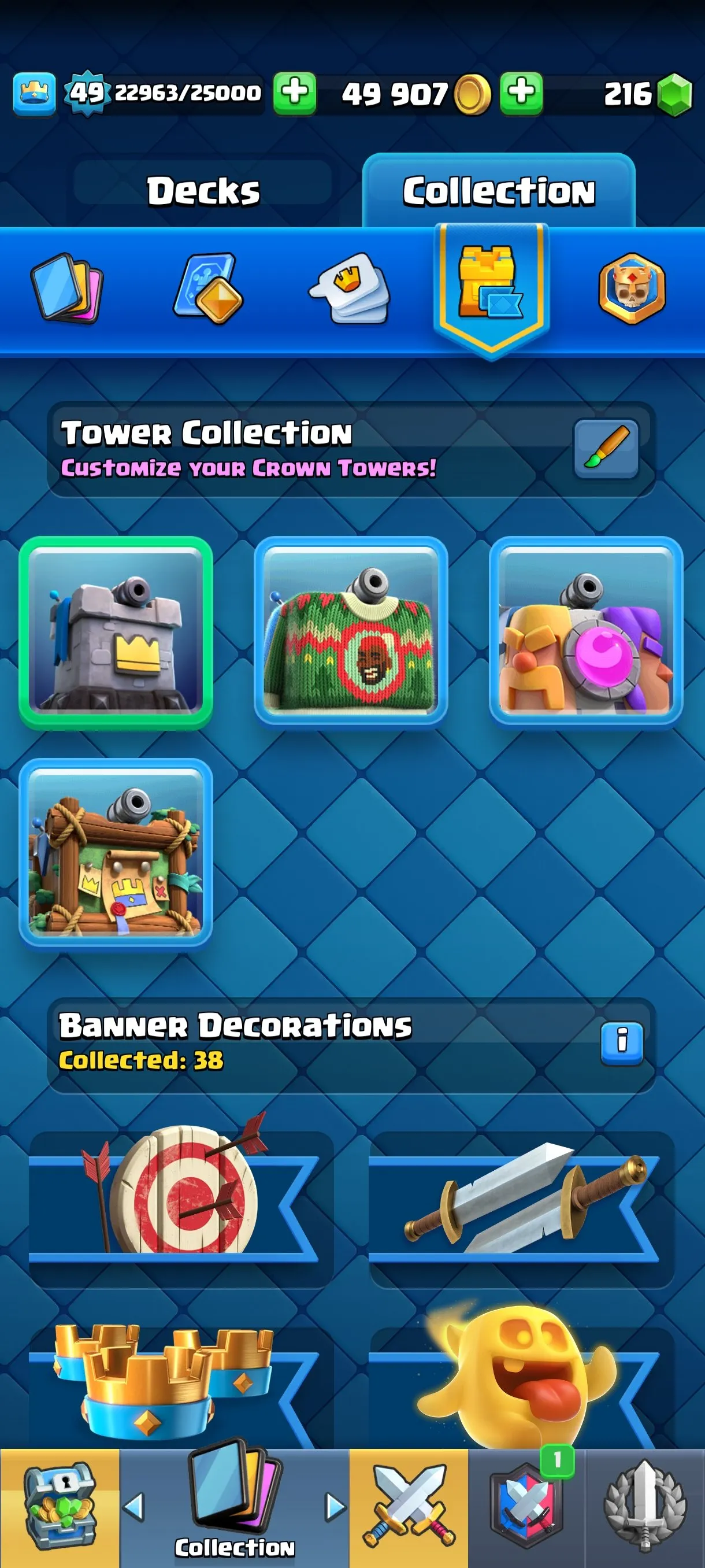 CR565 Maxed 10k Trophies Level 49 star 5 Evolutions 121 Cards 51 Emotes 3 Tower Skins 216 Gems
