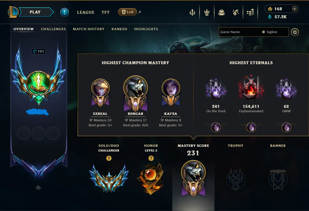 S16🔥LVL121 Challenger 750LP 69%WR Handleveled💎69Champs 53Skins 57K BE⭐Name Changeable✅Lifetime Ownership Guarantee - Never Taken Back