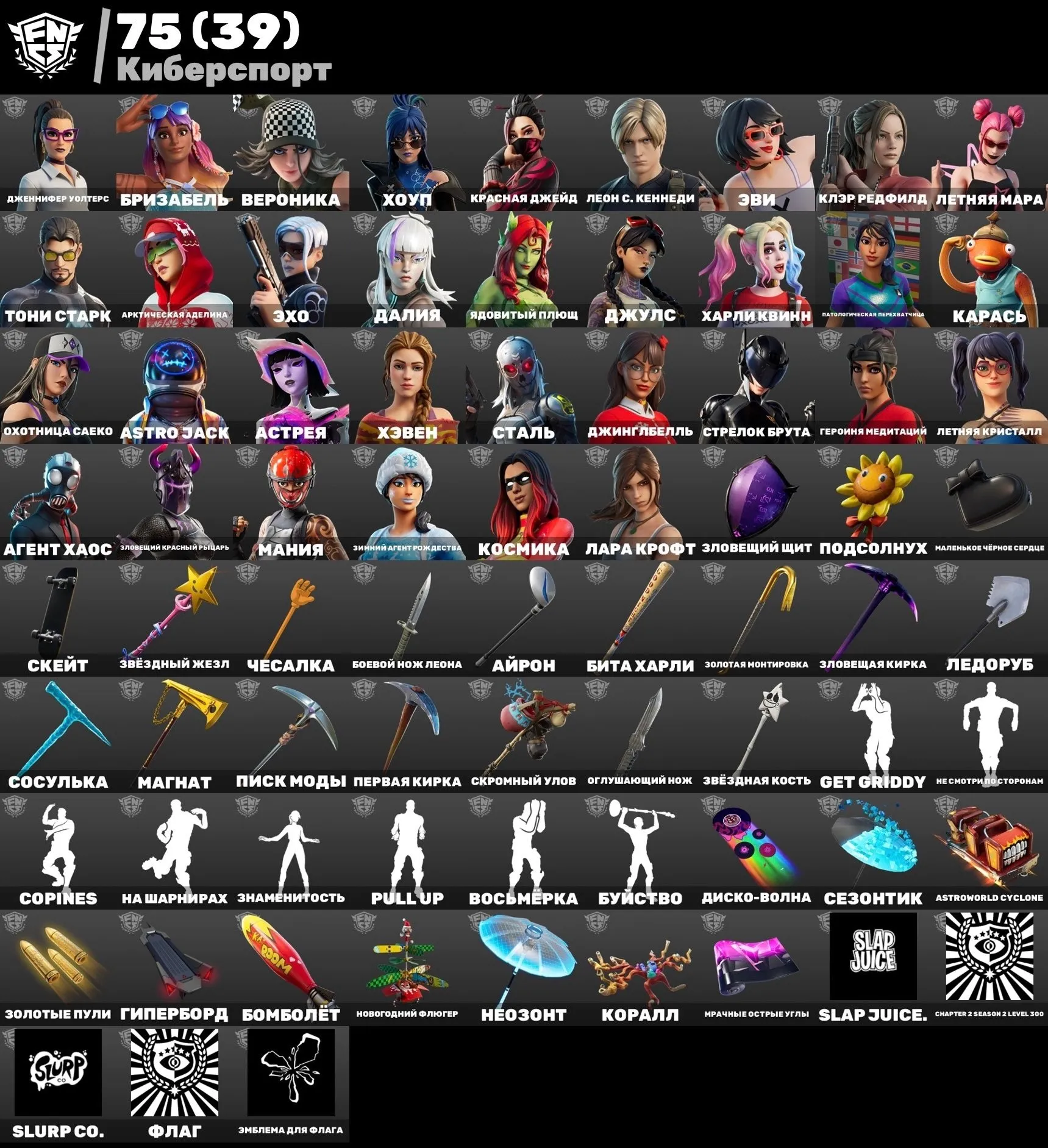 F911 ESPORT, ASTROJACK, LEON KENNEDY, 3 SKIERS, FNCS, 26 BP, Maximum Styles, Exclusive Cosmetics, High Level