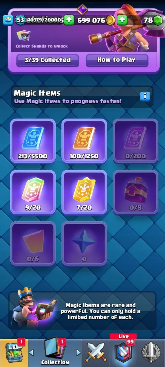 CR544 ULTIMATE CHAMP 9742 trophies 78 emotes 5 level 15 cards 18 level 14 cards 699k gold 21 legendary cards 62 banners