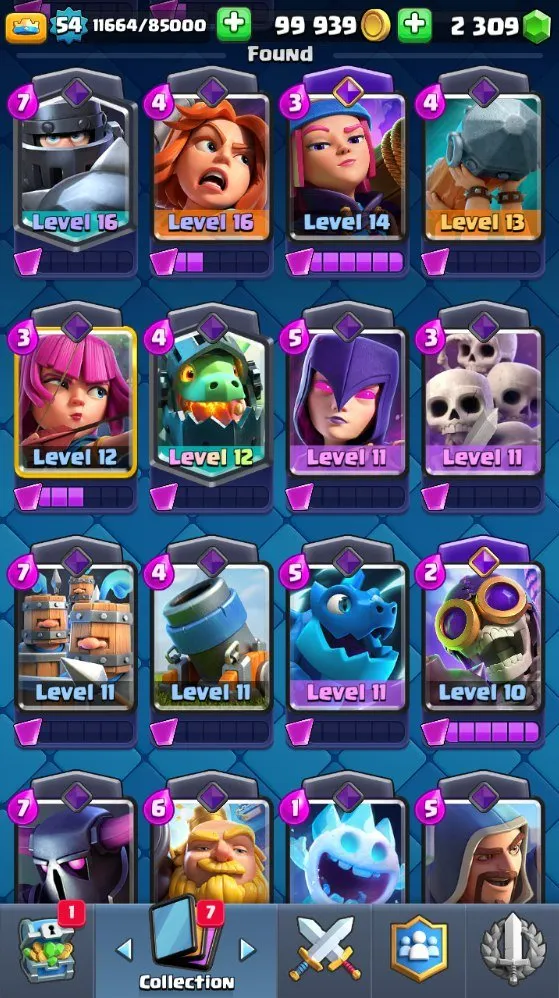 CR627 Lvl 54 8.1k Trophies Arena 21 Mega Knight Deck 2 Lvl 16 3 Lvl 14 3 Evo 19 Legendaries 2.3k Gems 117 Cards 99k Gold Name Change