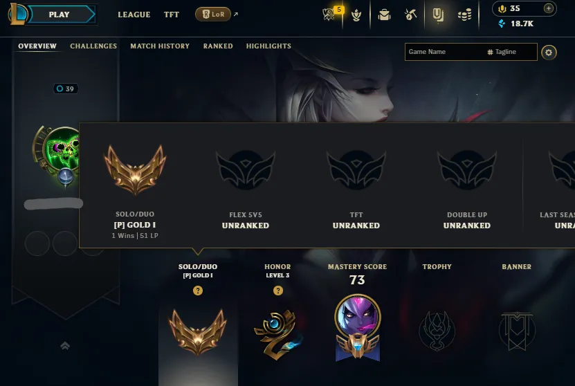 Platinum 1 MMR🔥Gold 1 53LP (1W/4L) Handleveled💎18K BE 6Skins 7Chromas✅Lifetime Ownership Guarantee✔️Recovery info included