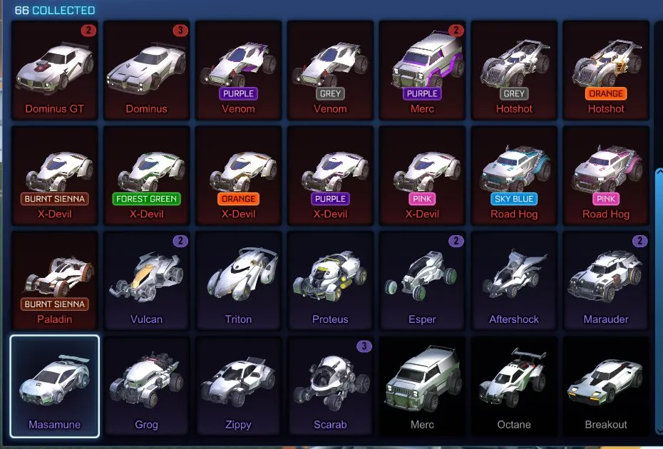STOCK482 //Fennec, 66 Car Bodies (Purple/Grey Hotshot, Burnt Sienna/Forest Green/Orange/Purple/Pink/Sky Blue X-Devil, Burnt Sienna Paladin, Purple Merc/Road Hog, Pink Road Hog), 46 Black Markets