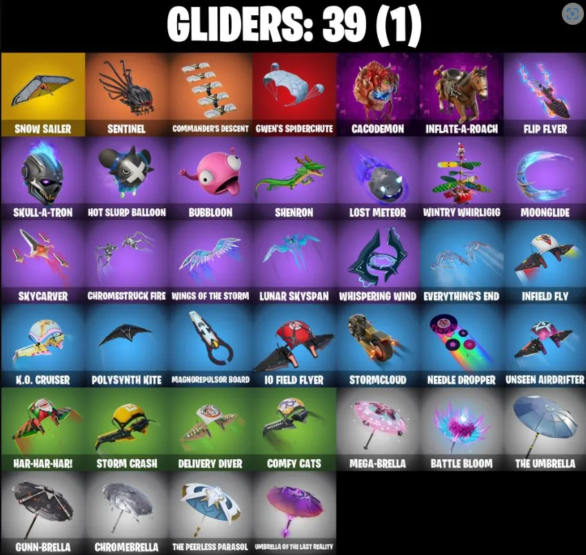 F1182 SULTURA, CYMITAR, SNOWTOOTH, Follow The Butterfly, Snow Sailer, 31 Skins, 39 Gliders, 41 Backblings, 41 Pickaxes, 12 Max Styles, Exclusive Items 