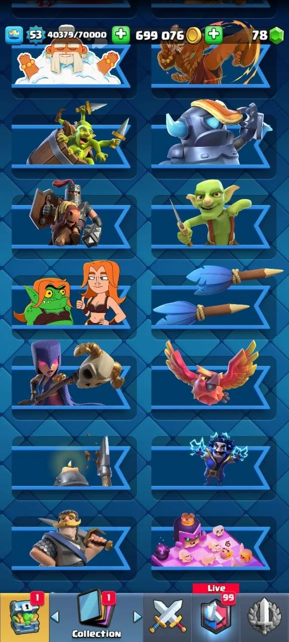 CR544 ULTIMATE CHAMP 9742 trophies 78 emotes 5 level 15 cards 18 level 14 cards 699k gold 21 legendary cards 62 banners