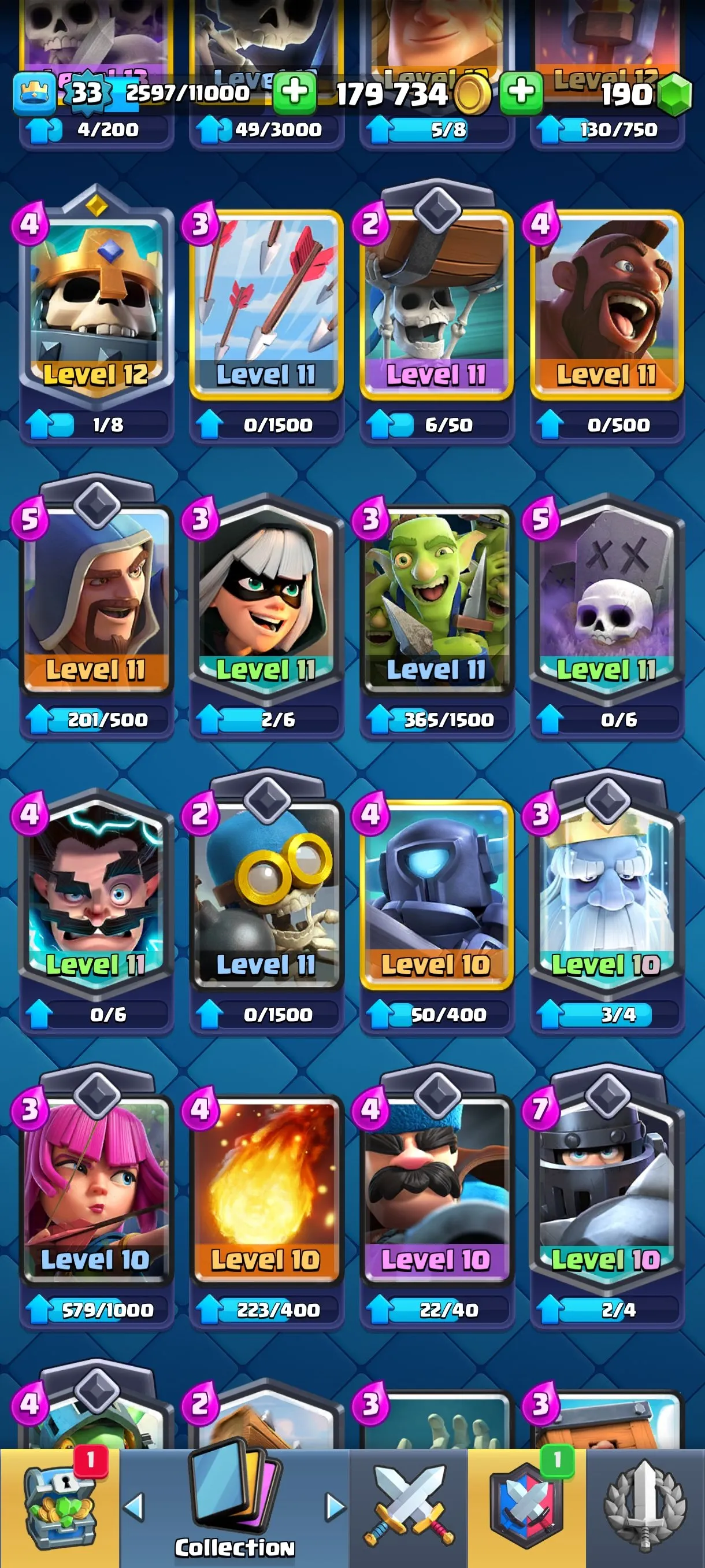 CR675 6105 cups 0 Evolutions 109 cards 190 gems 179734 gold King 33 Arena 17 29 emotes 1 tower rich badges