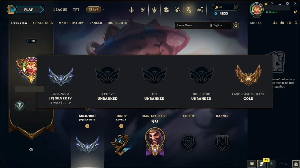 [EUW] Main Draven 🆗 61 Champions 🧠 26 Skins 🙌 Level 70 ⭐ 4855 BE 🔵 🚀 Fast Delivery | Ranked LoL Account