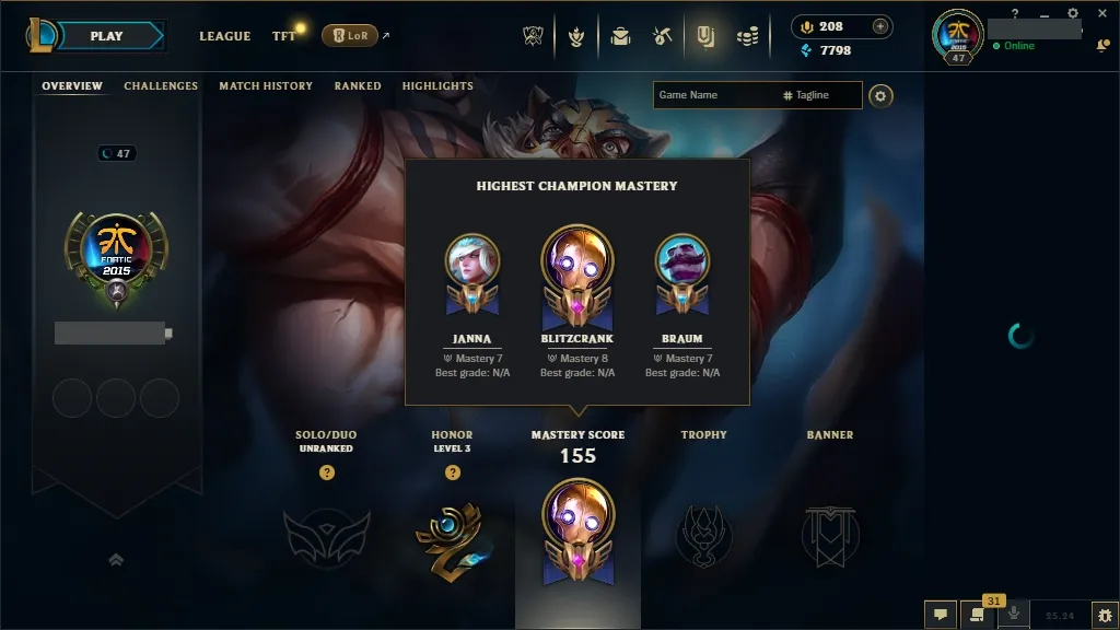 🔥 EUW  🔵 Unranked | 🟡 Lv47 | 🟢 50 Champions | 🟣 12 Skins | 💰 7798 BE | 🏆 14 Chests | 💎 208 RP | 🔓 Full Access