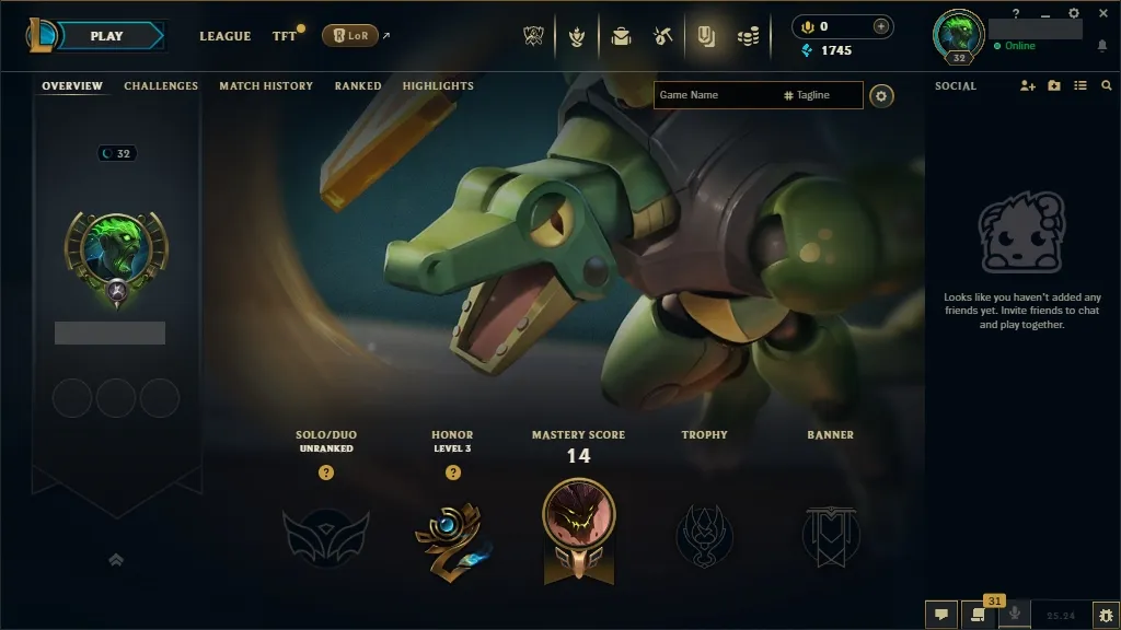 🔥 EUW 🟡 Lv32 | 🟢 33 Champions | 🟣 2 Skins | 💰 1745 BE | 🔓 Full Access