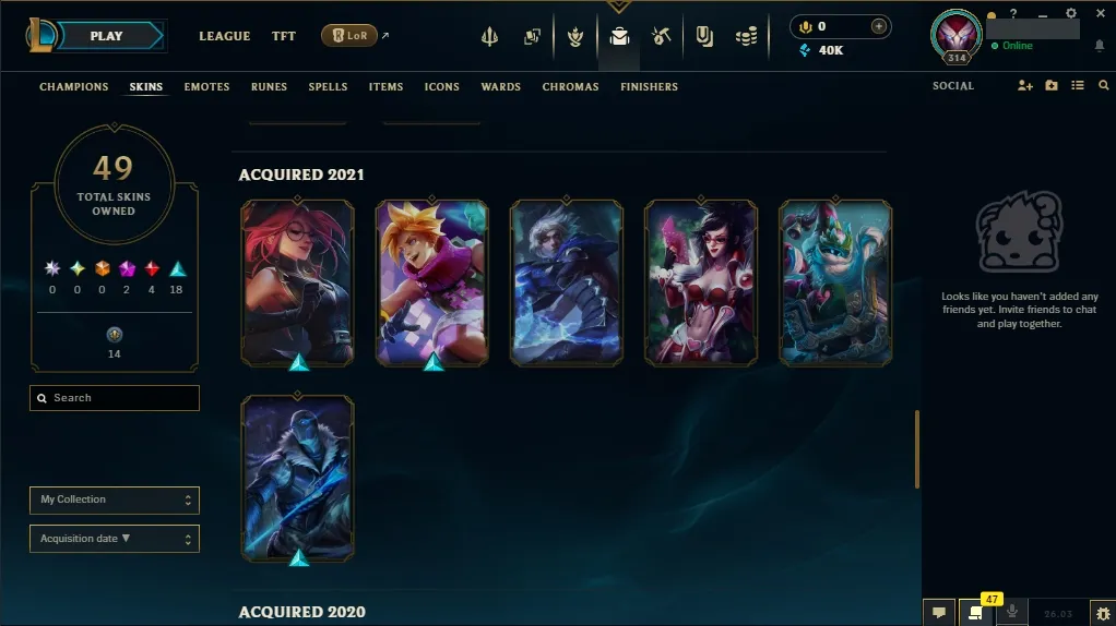 [EUW] ⭐ Insane Loot ✅ ALL Champions 👑 49 Skins 🙌 Level 314 ⭐ 40008 BE 🔷 ⚡ Instant Delivery | League of Legends Account