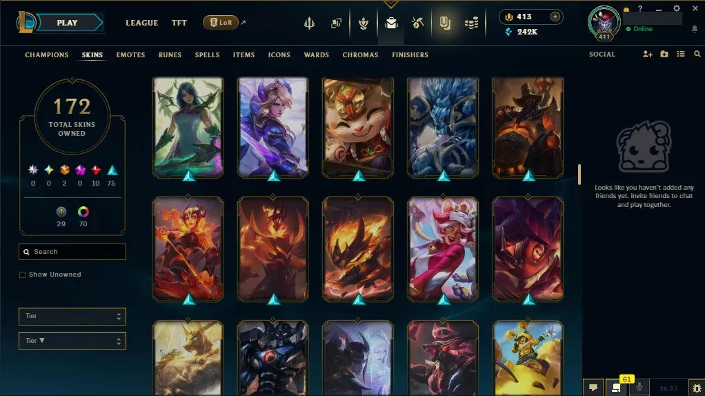 [EUW]  ALL Champions ️ 172 Skins  Level 411  242095 BE  413 RP   Fast Delivery | LoL Account for Sale