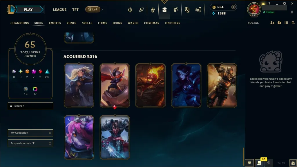 [EUW] 欄 168 Champions ️ 65 Skins  Level 192  1388 BE  554 RP   Fast Delivery | League of Legends Account