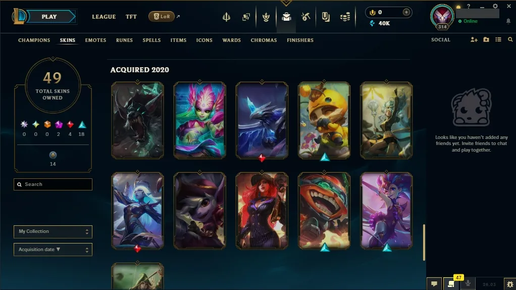 [EUW] ⭐ Insane Loot ✅ ALL Champions 👑 49 Skins 🙌 Level 314 ⭐ 40008 BE 🔷 ⚡ Instant Delivery | League of Legends Account