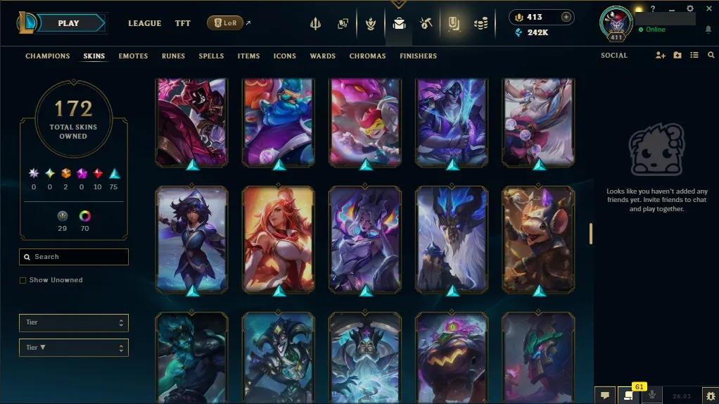 [EUW]  ALL Champions ️ 172 Skins  Level 411  242095 BE  413 RP   Fast Delivery | LoL Account for Sale