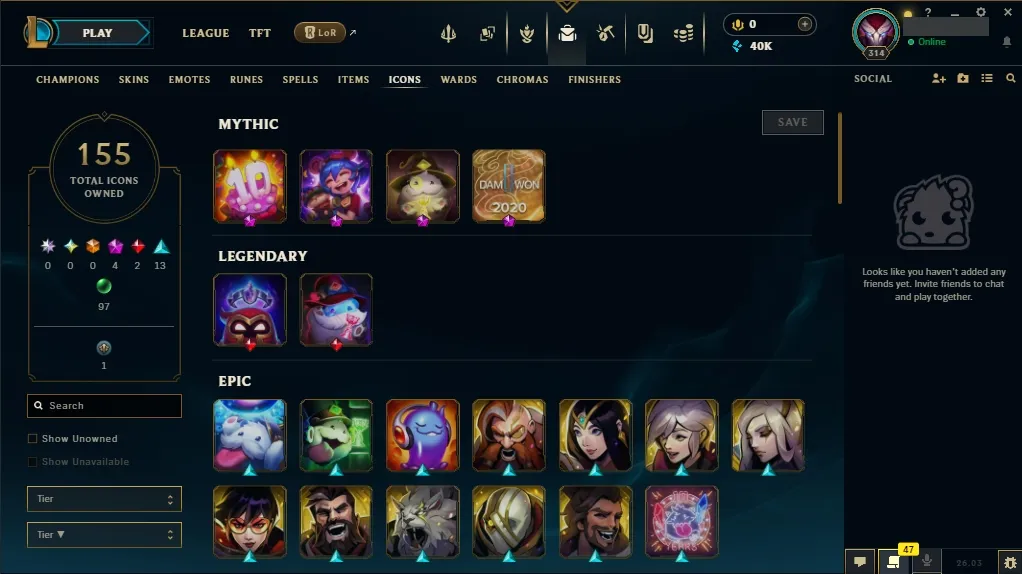 [EUW] ⭐ Insane Loot ✅ ALL Champions 👑 49 Skins 🙌 Level 314 ⭐ 40008 BE 🔷 ⚡ Instant Delivery | League of Legends Account