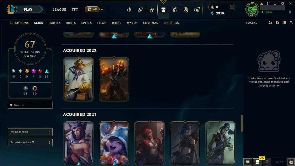 [NA] 欄 ALL Champions 易 67 Skins ✨ Level 421 ️ 281554 BE   Delivery in Minutes | League Account with Skins