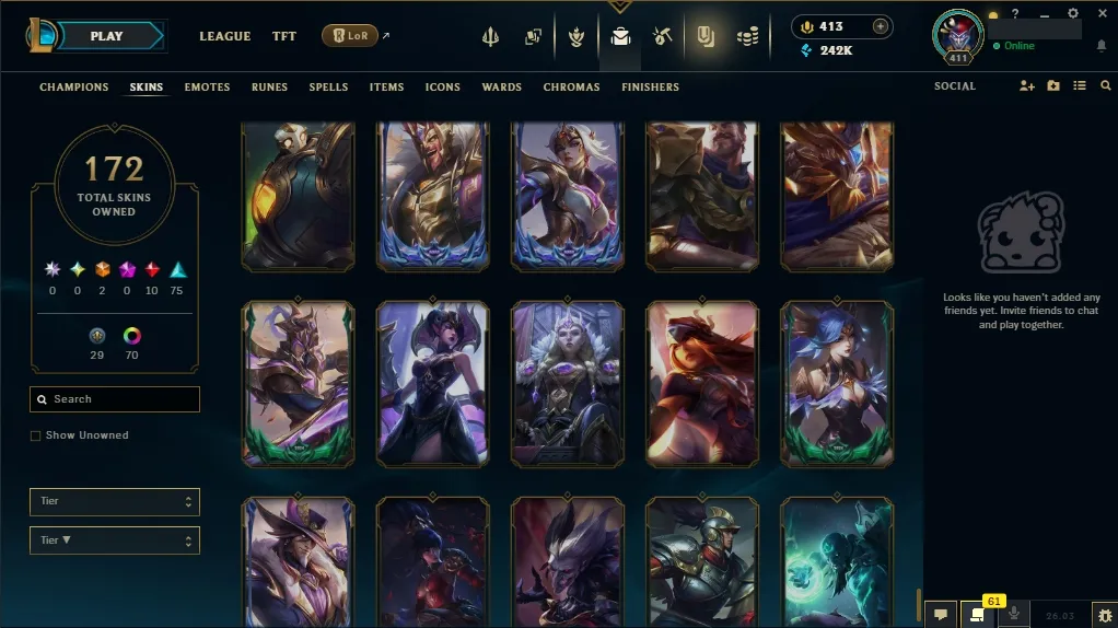 [EUW]  ALL Champions ️ 172 Skins  Level 411  242095 BE  413 RP   Fast Delivery | LoL Account for Sale