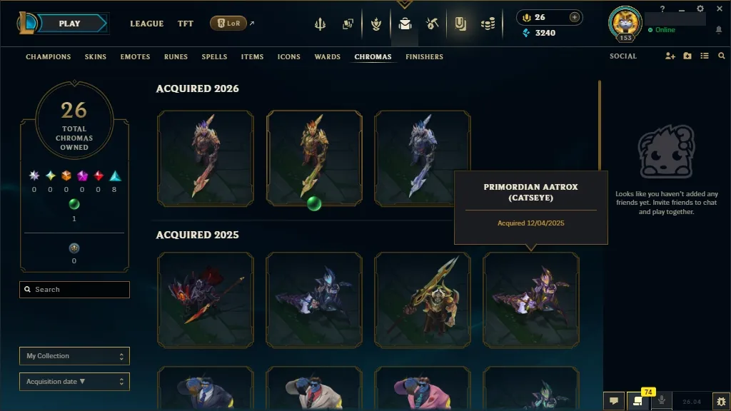 [🇪🇺 EUW] ⭐🌈 +380K MAIN AATROX 🎃🕹️ PRIMORDIAN / PRESTIGE BLOOD MOON AATROX 🍭👑 PRESTIGE ETERNAL ASPECT ZOE 🐸🏆 RISEN LEGEND LEBLANC/VAYNE 🐸🎐 148 Champions 🐸🪐 83 Skins 🌺⚡ Level 153 🧧📀 3240 BE 🌺🧧 26 RP 🌸🌈 Fast Delivery 🧿🎭 LoL Acc