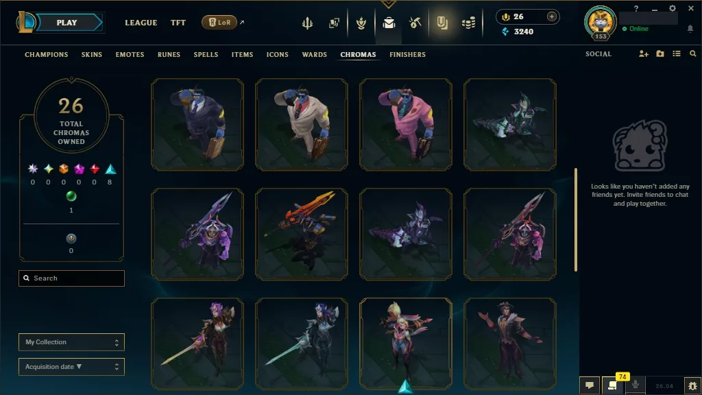 [🇪🇺 EUW] ⭐🌈 +380K MAIN AATROX 🎃🕹️ PRIMORDIAN / PRESTIGE BLOOD MOON AATROX 🍭👑 PRESTIGE ETERNAL ASPECT ZOE 🐸🏆 RISEN LEGEND LEBLANC/VAYNE 🐸🎐 148 Champions 🐸🪐 83 Skins 🌺⚡ Level 153 🧧📀 3240 BE 🌺🧧 26 RP 🌸🌈 Fast Delivery 🧿🎭 LoL Acc