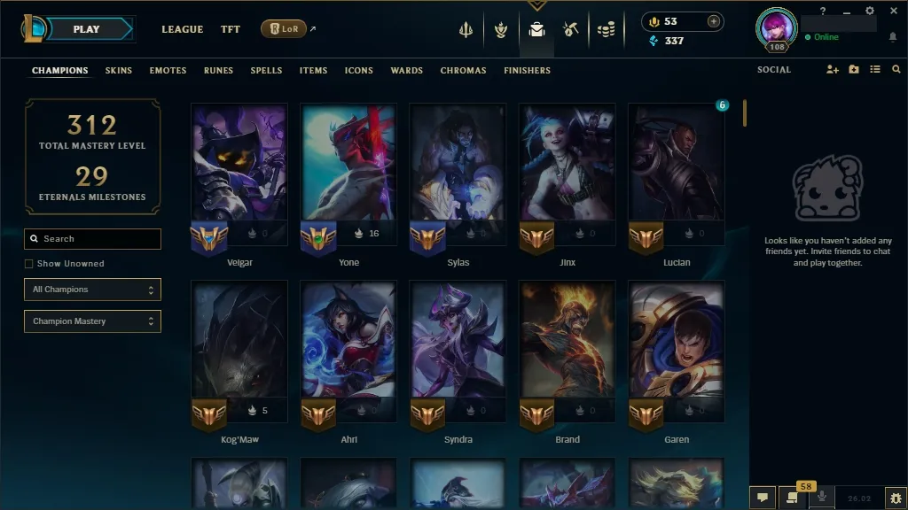[EUW]  152 Champions ️ 35 Skins  Level 108  337 BE  53 RP   Free Delivery | League of Legends Account